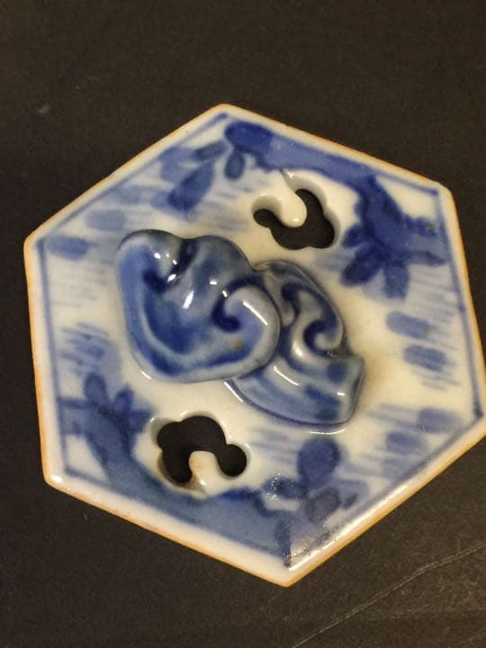 双耳6面三足 山水紋染付香炉  年代物