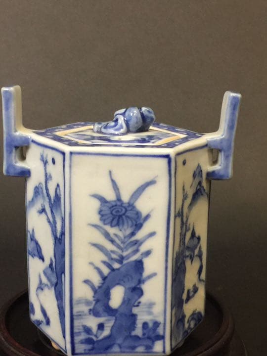 双耳6面三足 山水紋染付香炉  年代物