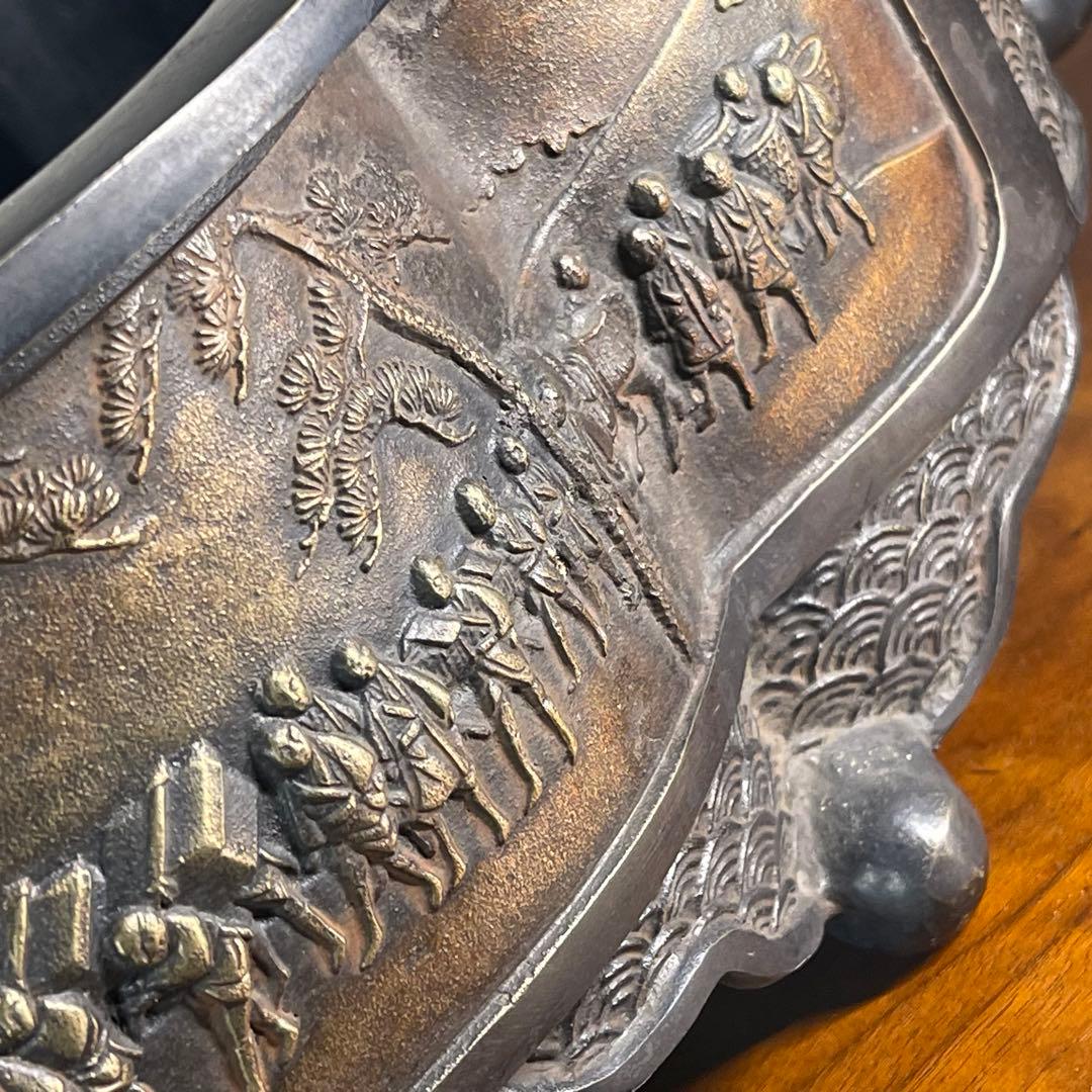 A720⭐︎古銅 高岡銅器 昌雲堂 大名行列象嵌 象耳 水盤 アンティーク