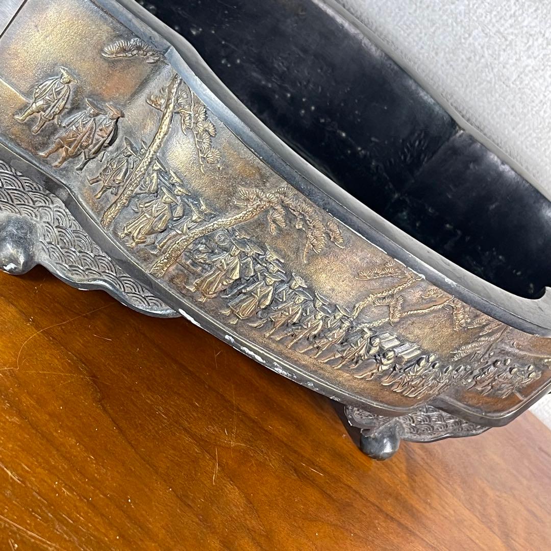 A720⭐︎古銅 高岡銅器 昌雲堂 大名行列象嵌 象耳 水盤 アンティーク