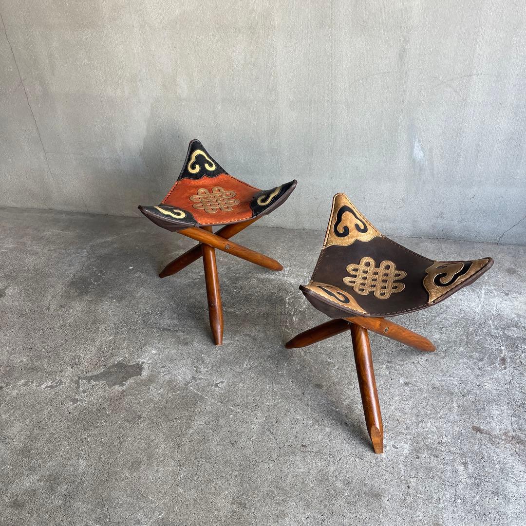 オールドビンテージ　ハンティングチェア　折り畳みチェア　本革　2脚　ハンター