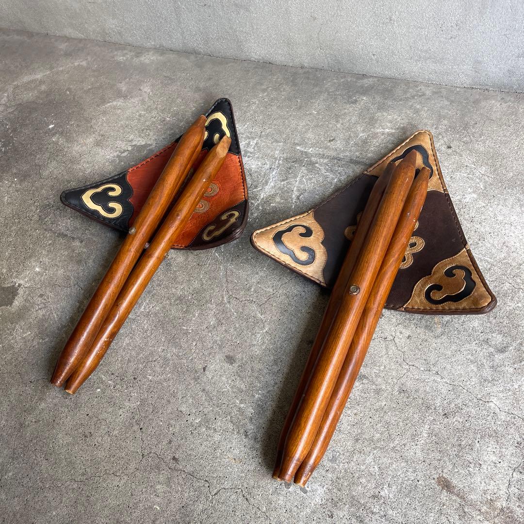 オールドビンテージ　ハンティングチェア　折り畳みチェア　本革　2脚　ハンター