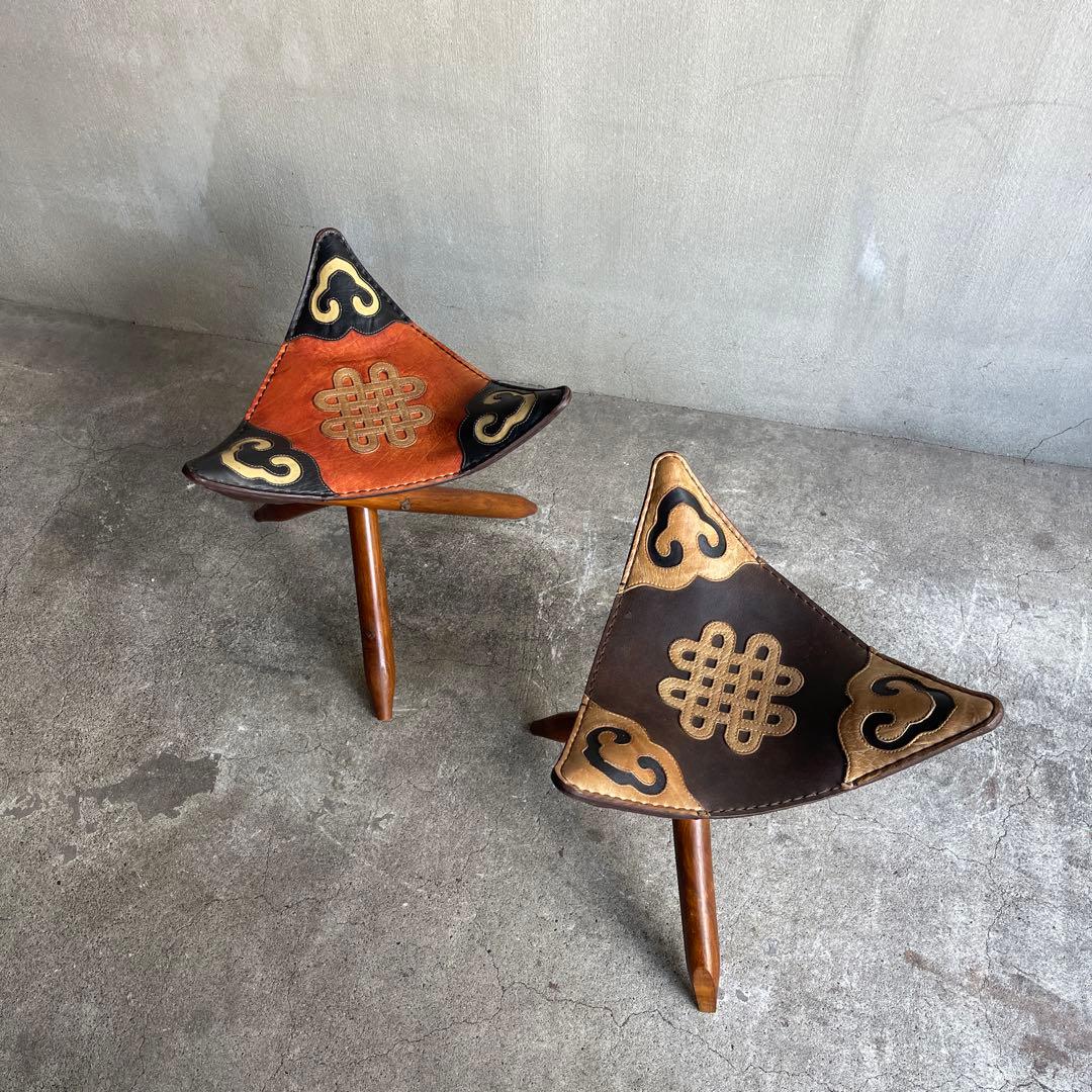 オールドビンテージ　ハンティングチェア　折り畳みチェア　本革　2脚　ハンター