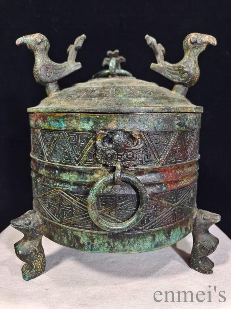 中国古美術【三鳳貯貝倉】漢代青銅銘文器皿 礼器 盛食器 純銅製 高浮彫 置物