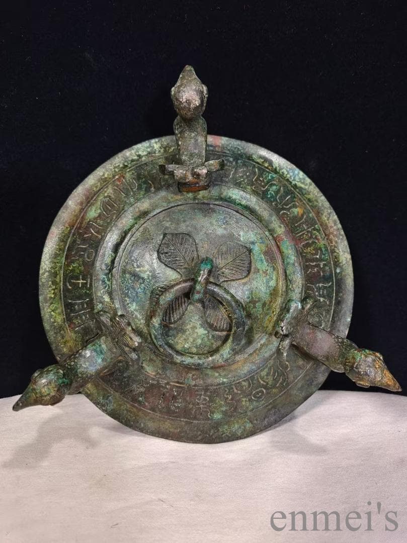 中国古美術【三鳳貯貝倉】漢代青銅銘文器皿 礼器 盛食器 純銅製 高浮彫 置物