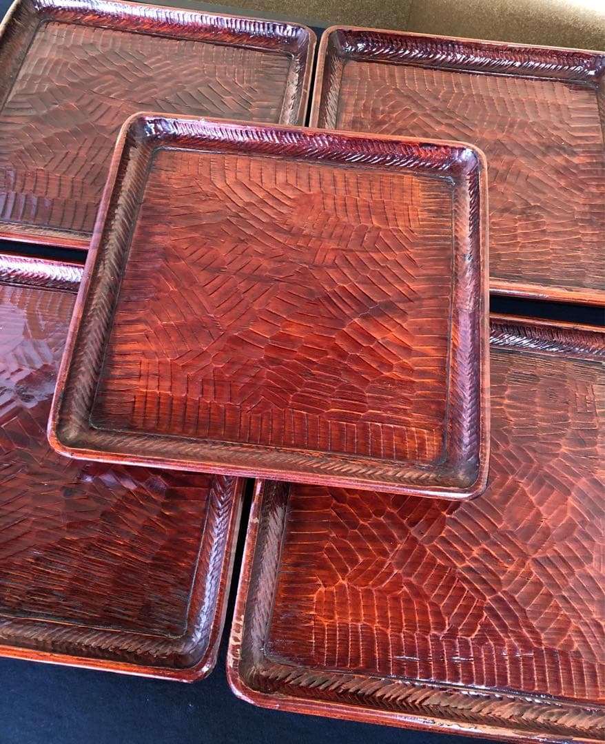 割引❗️《レ》伝統工芸 讃岐彫 讃岐盆5客 四方盆 銘々膳 刳抜 251027う1