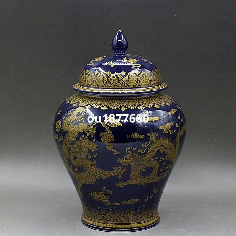 清乾隆宝石藍蒔金竜紋将軍缶 景徳鎮 陶磁器 装飾品 現代工芸品 美術品 置物