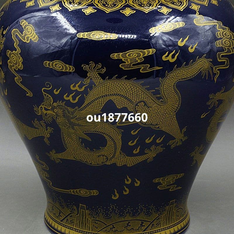 清乾隆宝石藍蒔金竜紋将軍缶 景徳鎮 陶磁器 装飾品 現代工芸品 美術品 置物