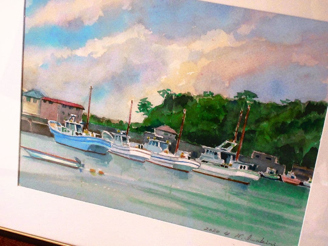 水彩画 港の風景 2020年 原画 F6サイズ 額縁付き