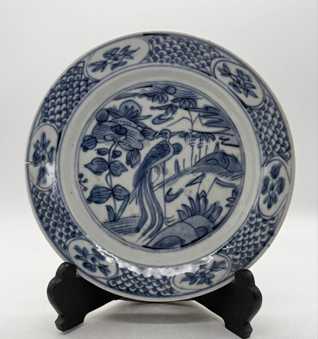 中国　明時代　染付　孔雀牡丹紋大皿　古染　送料込み250622