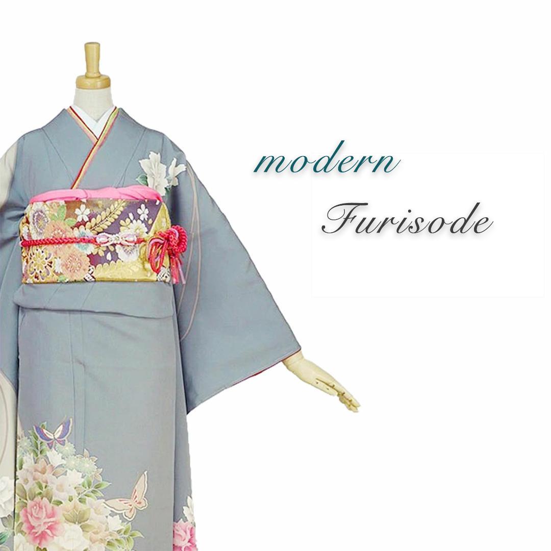 【正絹・仕立て上がり】 振袖 グレー モダン 成人式 前撮り C86