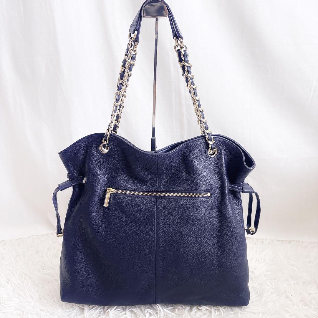 TORY BURCH チェーン トートバッグ シボ革 レザー ネイビー A4