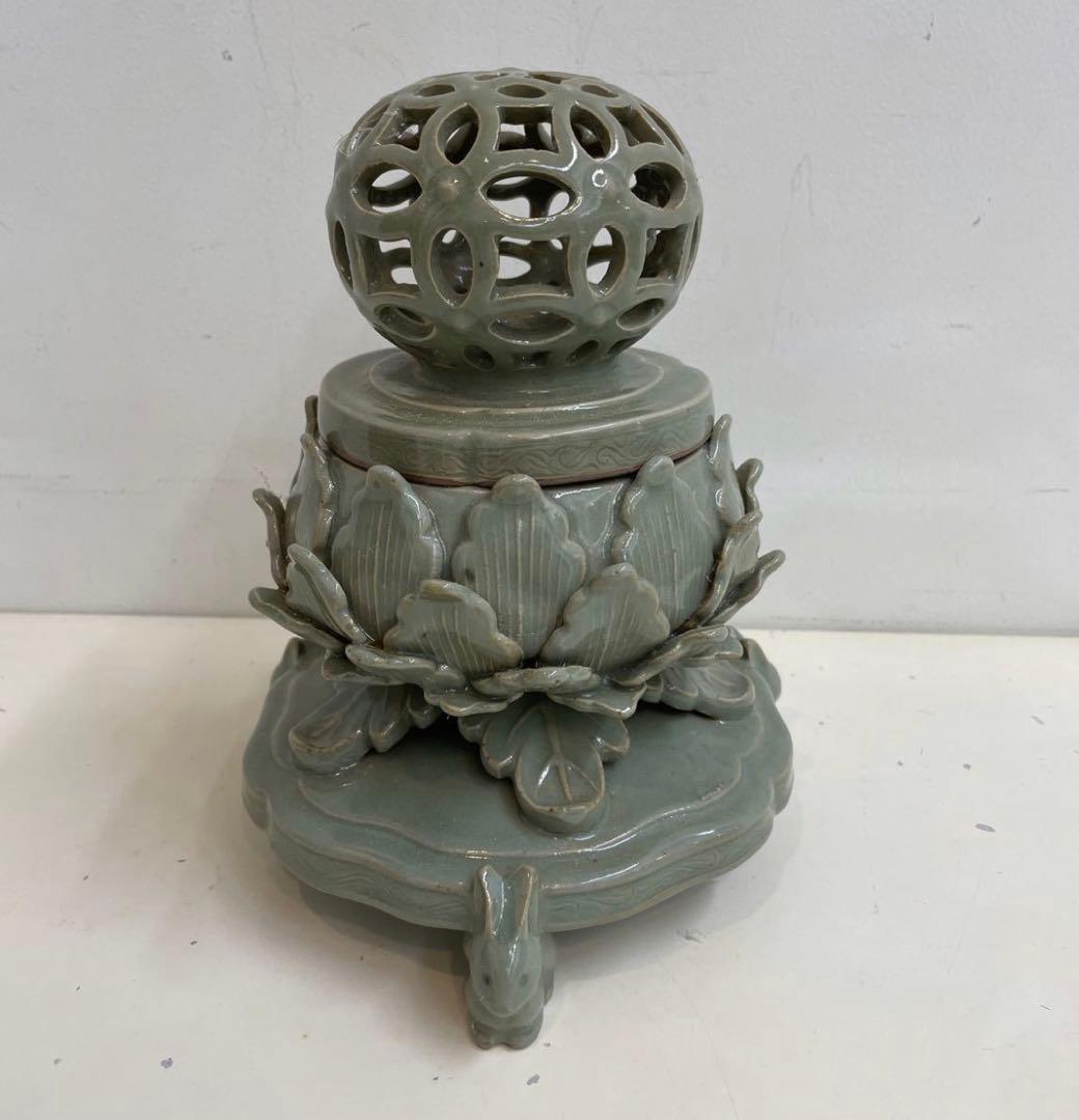 香炉 青磁 三足 中国美術 送料込み