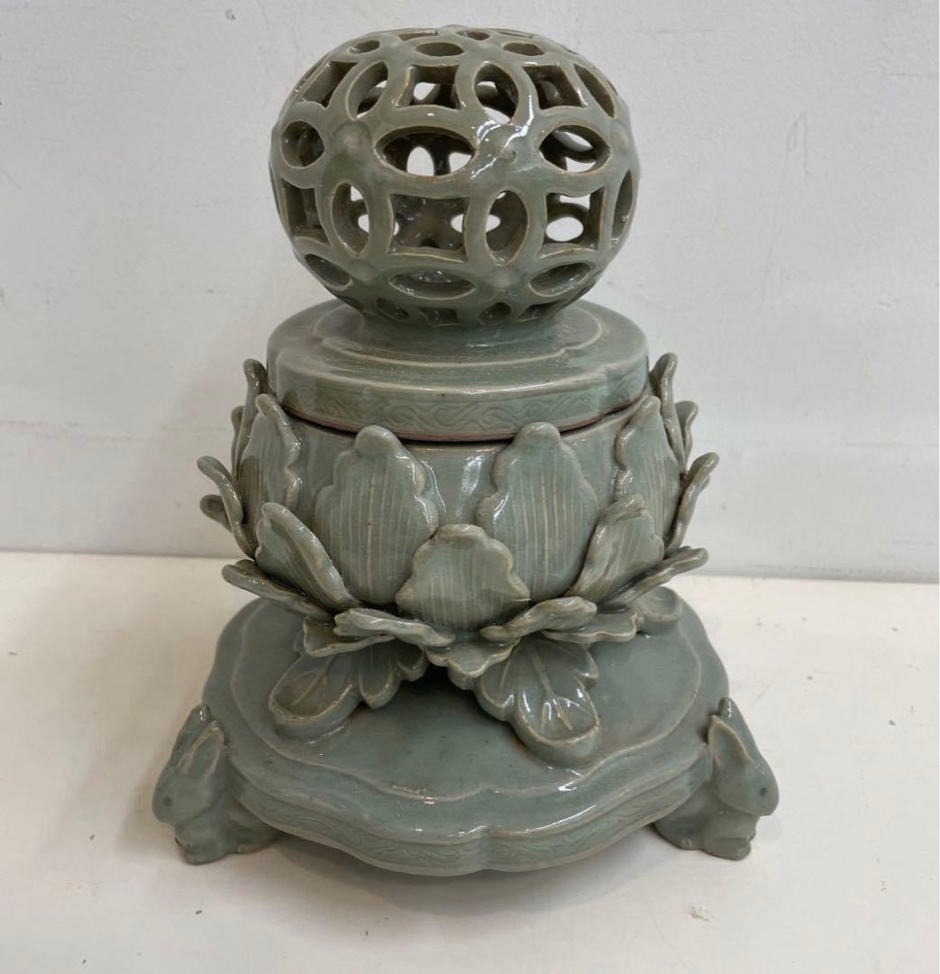 香炉 青磁 三足 中国美術 送料込み