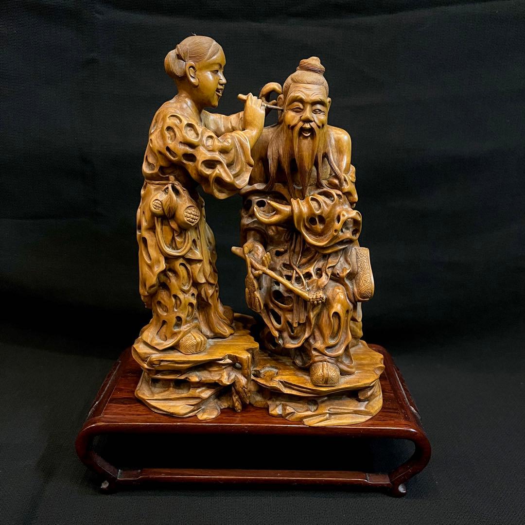 【超希少】 中国美術 高級天然木彫刻 木彫り 置物 耳掻き 夫婦 翁 一刀彫