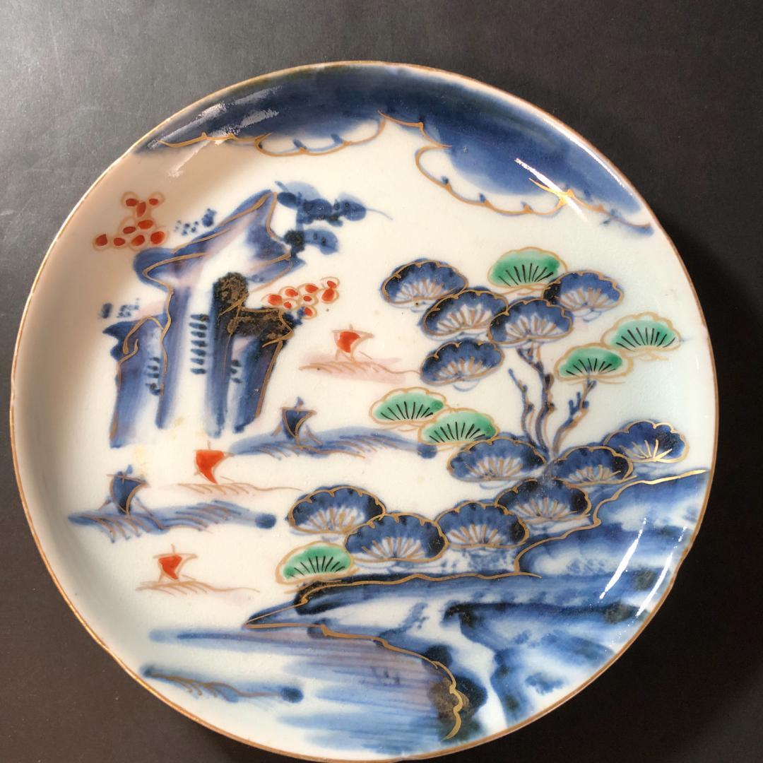 古伊万里　染錦　六寸皿　３客　松に帆掛け船文様　生活骨董　骨董雑貨　和食器
