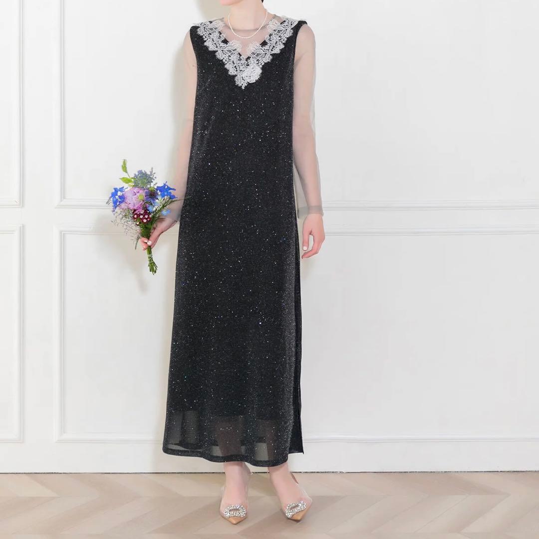 LEJA レースラメスリットロングワンピースドレス