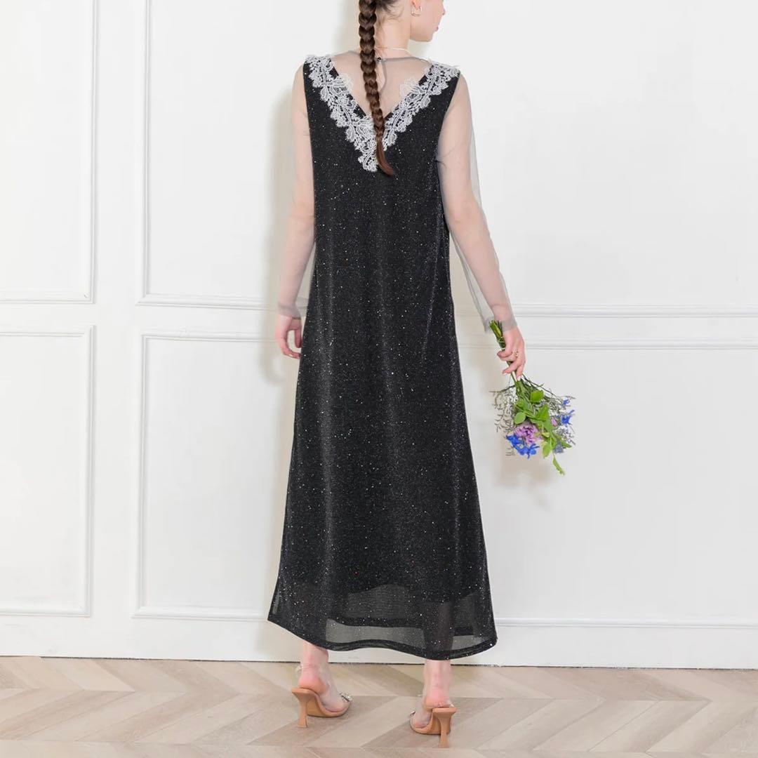 LEJA レースラメスリットロングワンピースドレス