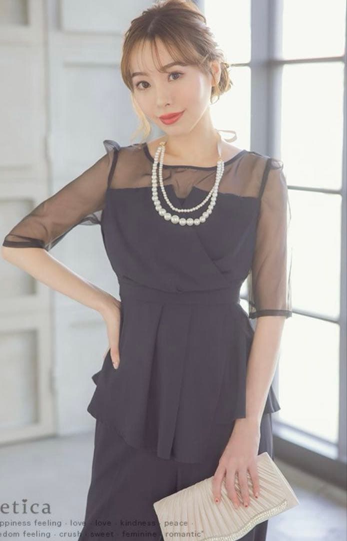 シースルー袖ビスチェ風デザインパンツセットアップパーティードレス Sサイズ