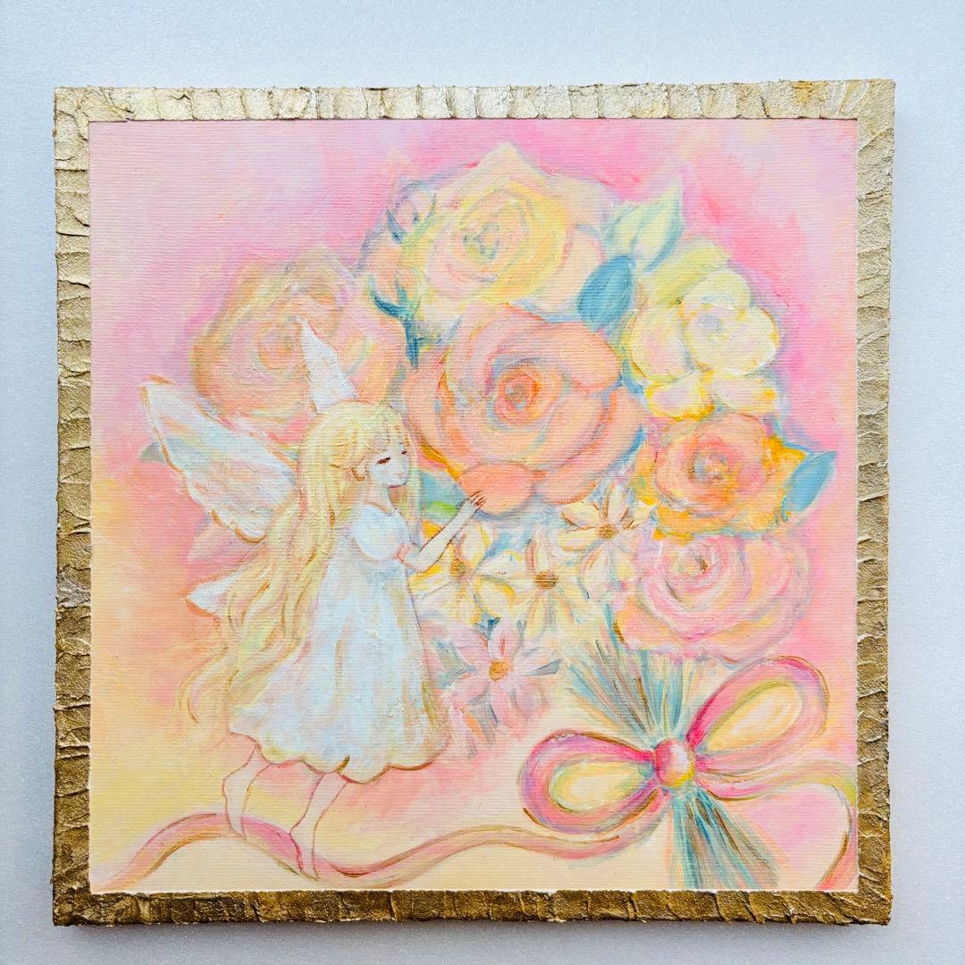 花束と天使のアクリル画 原画　癒しのインテリア テクスチャーアート