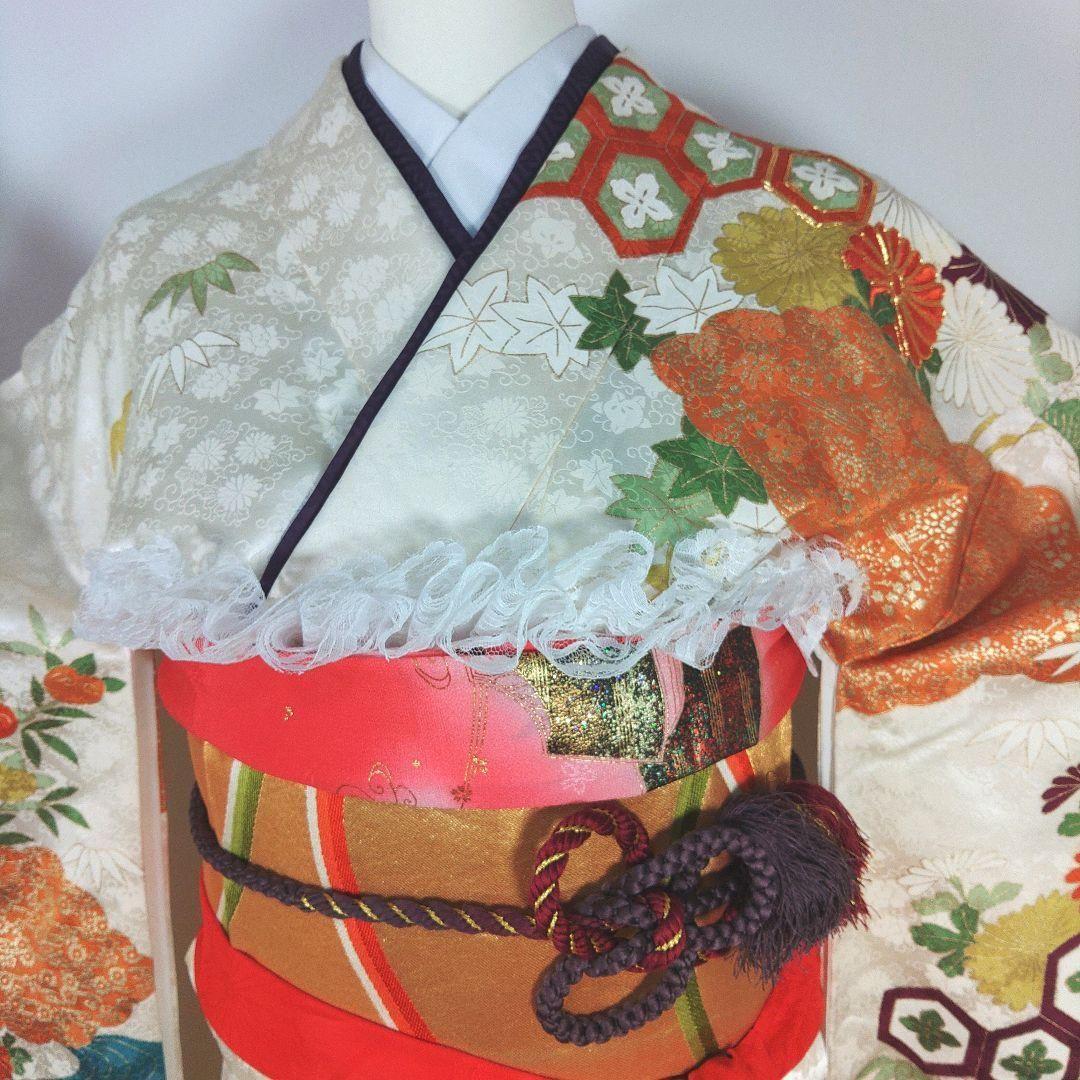 振袖フルセット　成人式　結婚式　前撮り　ホワイト　白　しごき　袋帯　金　ゴールド