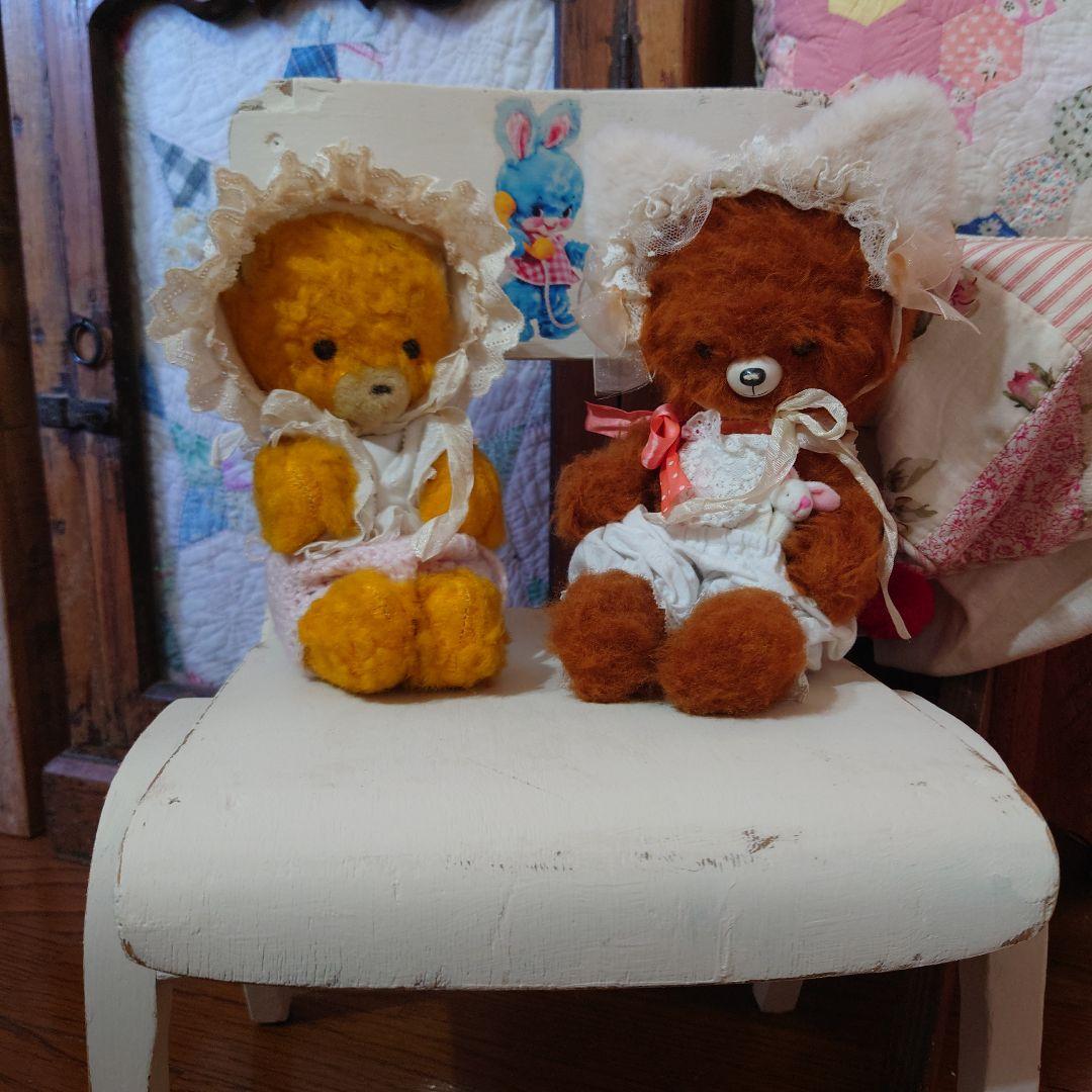 アンティークベア、お鼻なし、DDRちゃん、お洋服付き、左の黄色い子