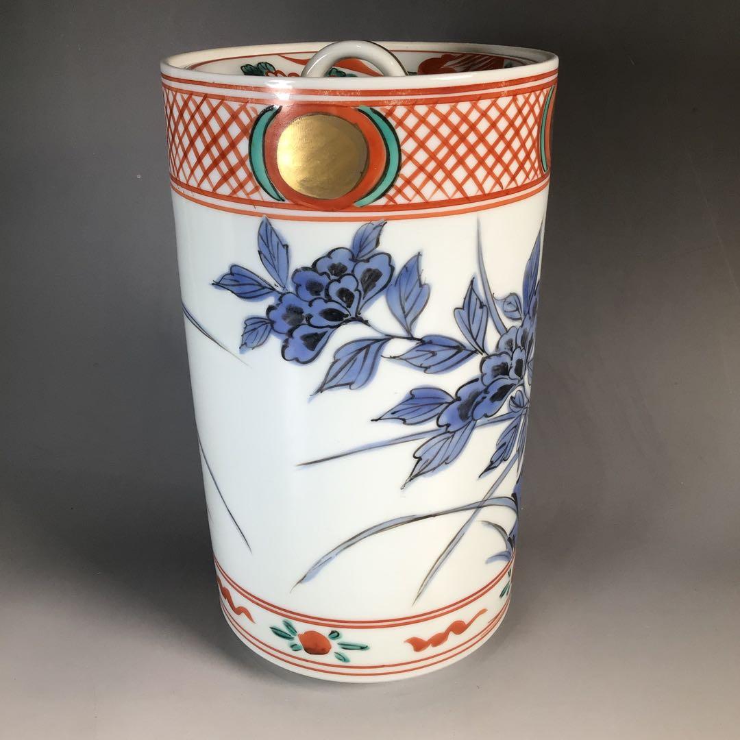 Ｎ６３３　水指　『橋本龍岳造』『赤絵花鳥図』『細水指』　共箱　茶道具