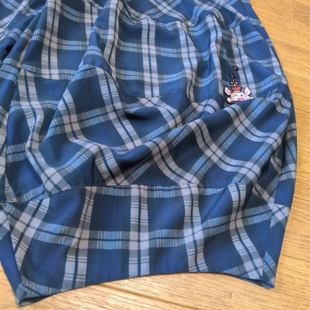 【涼感】アルベロベロ♥️ぶたさんワッペン　ネイビー系チェック　 サルエルパンツ