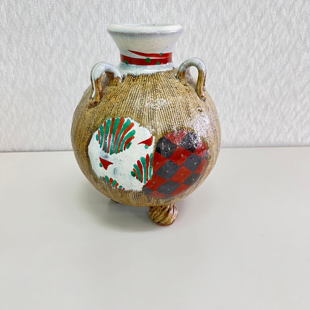 浜田友緒 　赤絵　丸紋　三耳　三足　壺　花瓶 真作保証　作家物　浜田庄司　孫