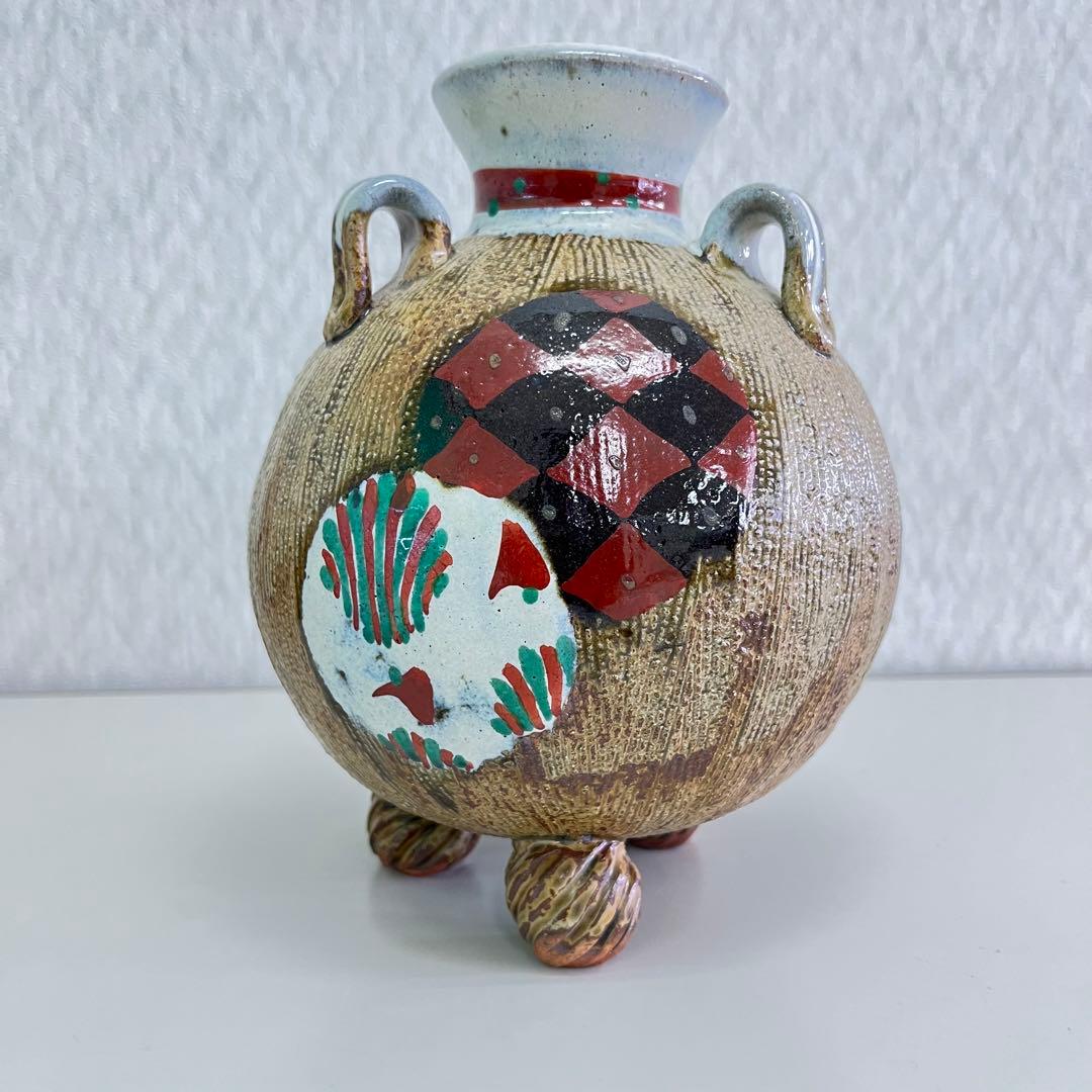 浜田友緒 　赤絵　丸紋　三耳　三足　壺　花瓶 真作保証　作家物　浜田庄司　孫