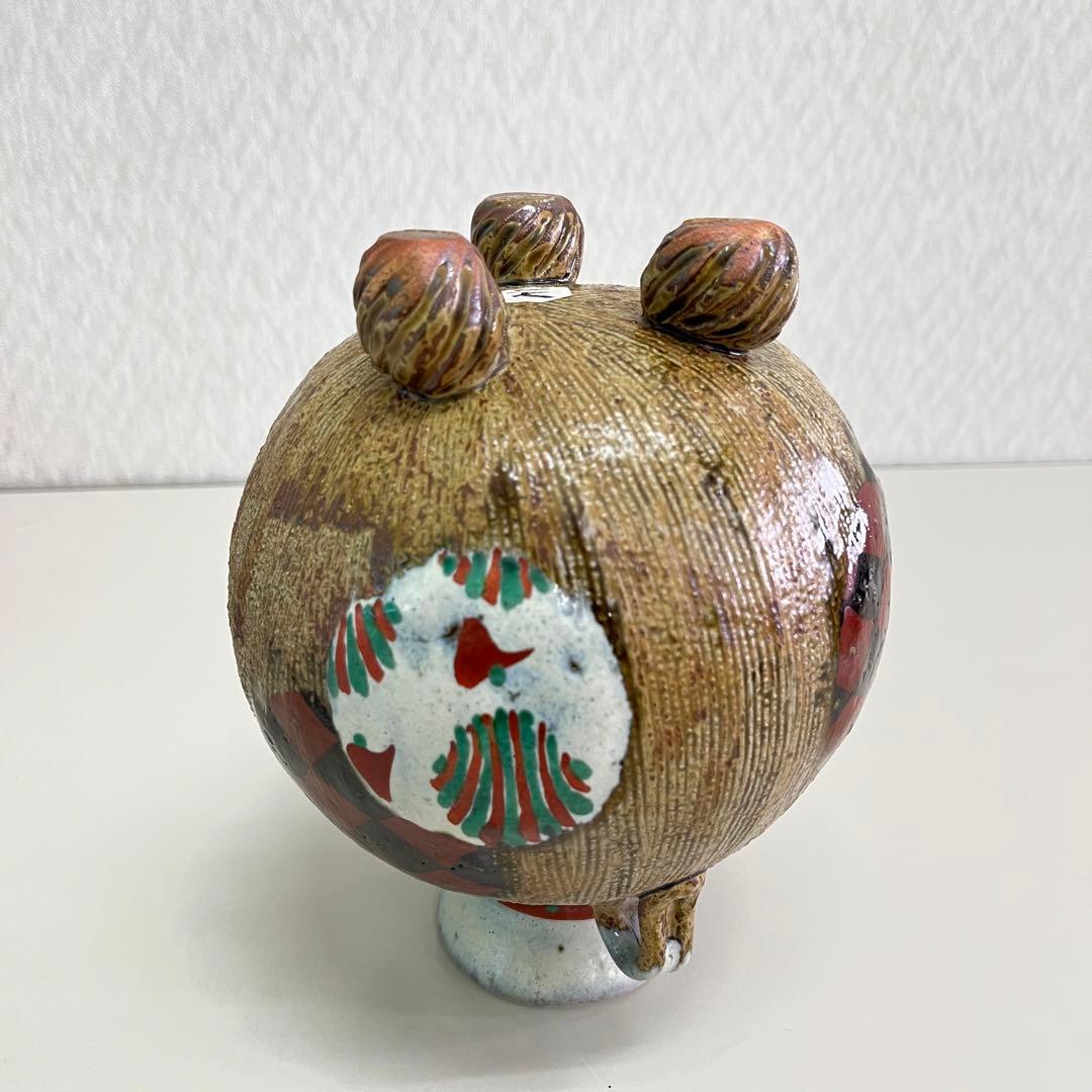 浜田友緒 　赤絵　丸紋　三耳　三足　壺　花瓶 真作保証　作家物　浜田庄司　孫