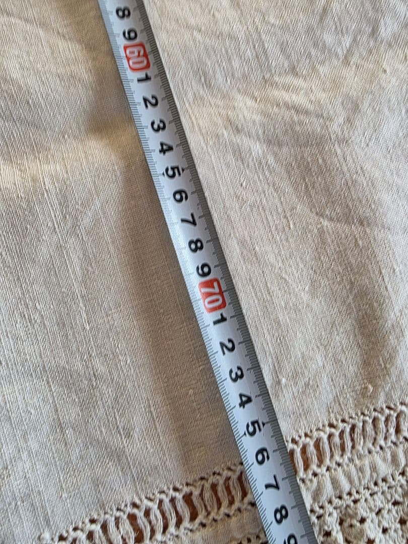 フランスアンティーク　手織りリネン　フリンジ付きクロス G.M刺繍