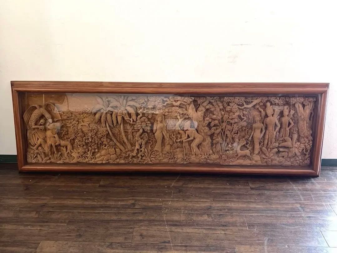 y593 特大サイズ 額装 ジャワ太古の民話を題材にした木彫りレリーフ 192㎝