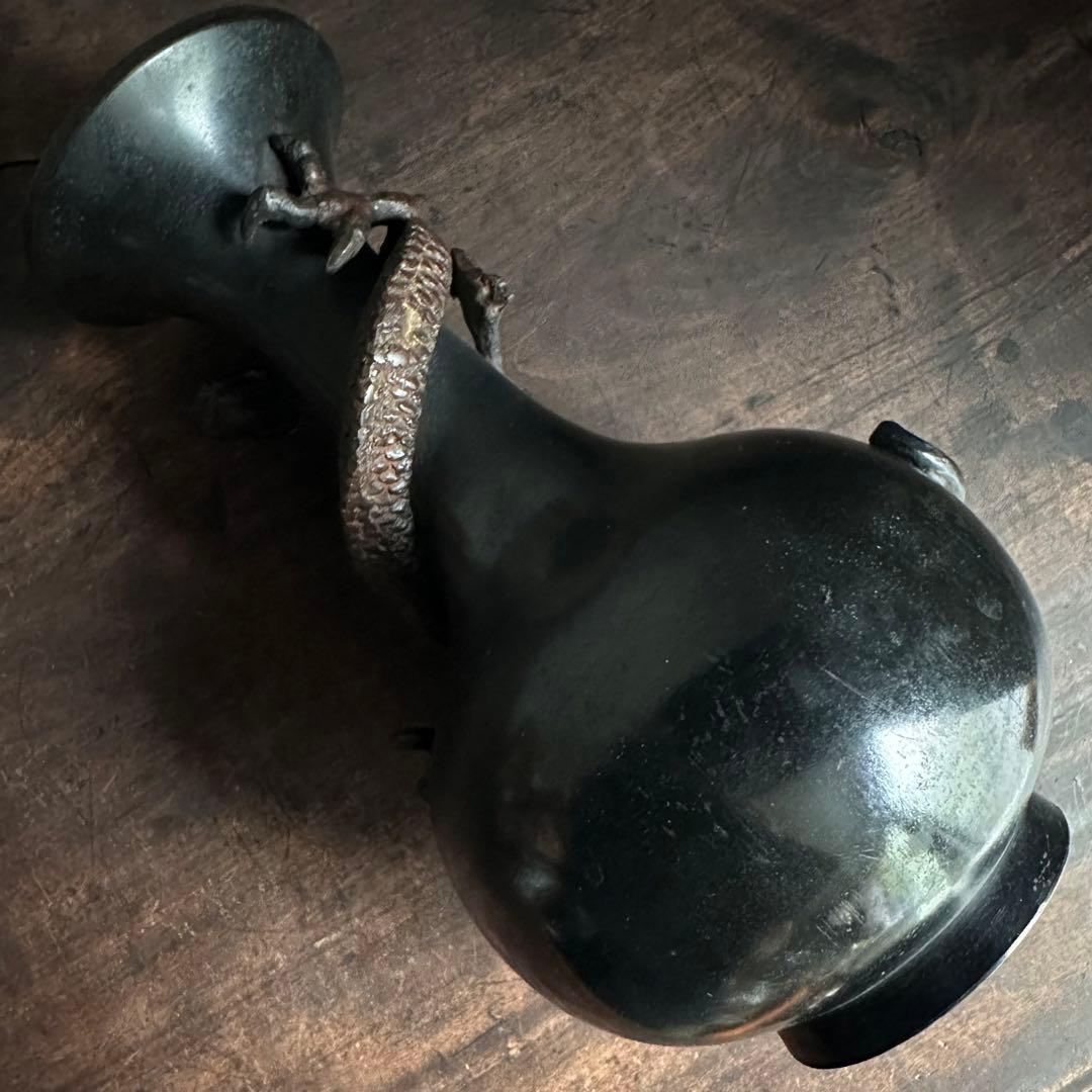 【希少】　古銅　銅製　鉄龍巻　龍巻花瓶　雄峰造　雄峰在銘　花入れ　高岡銅器　小