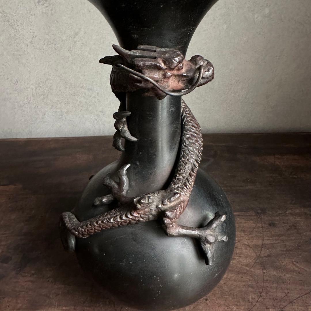 【希少】　古銅　銅製　鉄龍巻　龍巻花瓶　雄峰造　雄峰在銘　花入れ　高岡銅器　小