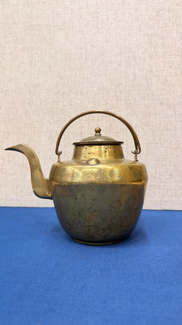 【一点物機能する骨董】古銅 煎茶急須 遊戯図彫刻・完全内筒付実用も楽しめる美品