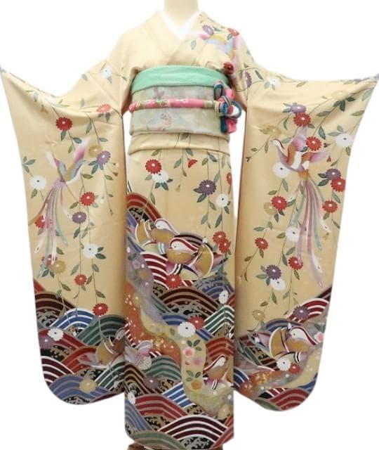 Y2840◇美品 正絹 金駒 手縫い仕立て 鴛鴦 成人式 振袖 着物