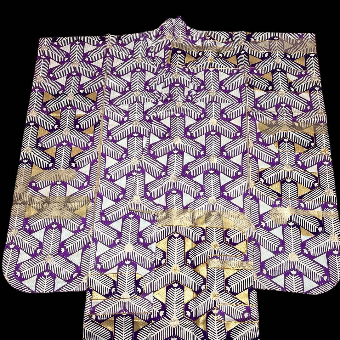 (う58) 煌紫モダン ✦ 洗練幾何学が映えるアンティーク振袖㊗️帯と②セット
