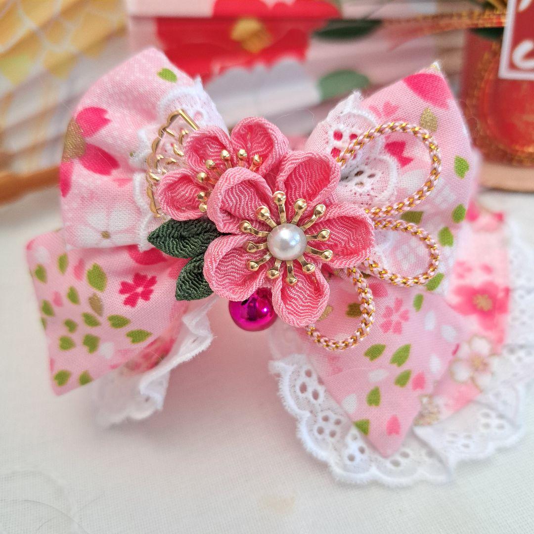 お正月仕様和風つまみ細工(ピンク④)わんちゃん猫ちゃん用襟つき首輪