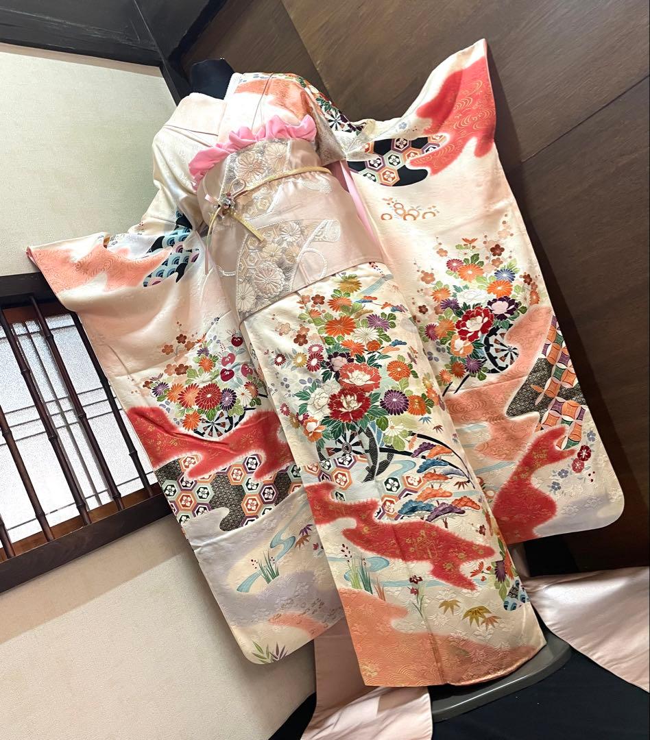 振袖 フルセット6点サイズS〜M 駒刺繍　流水鴛鴦花車文　暈し染め正絹