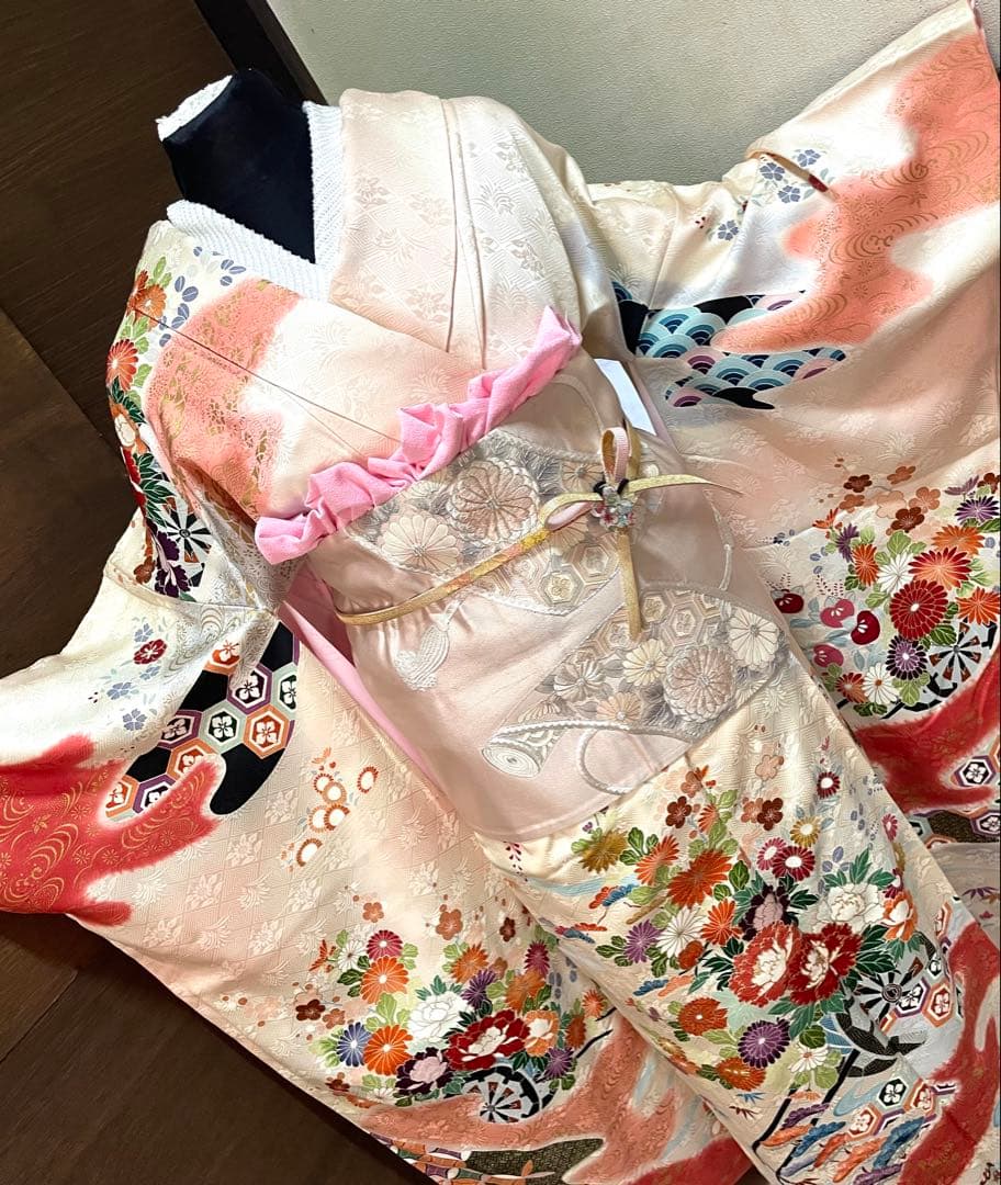 振袖 フルセット6点サイズS〜M 駒刺繍　流水鴛鴦花車文　暈し染め正絹