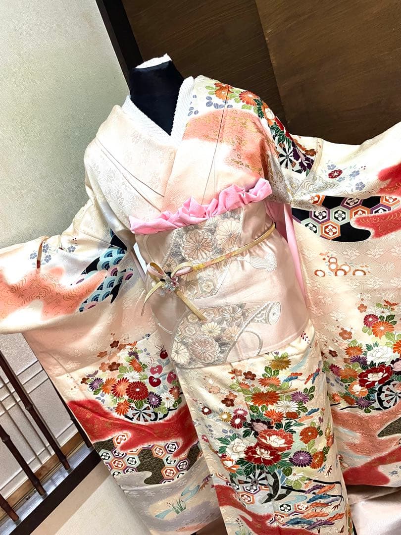 振袖 フルセット6点サイズS〜M 駒刺繍　流水鴛鴦花車文　暈し染め正絹