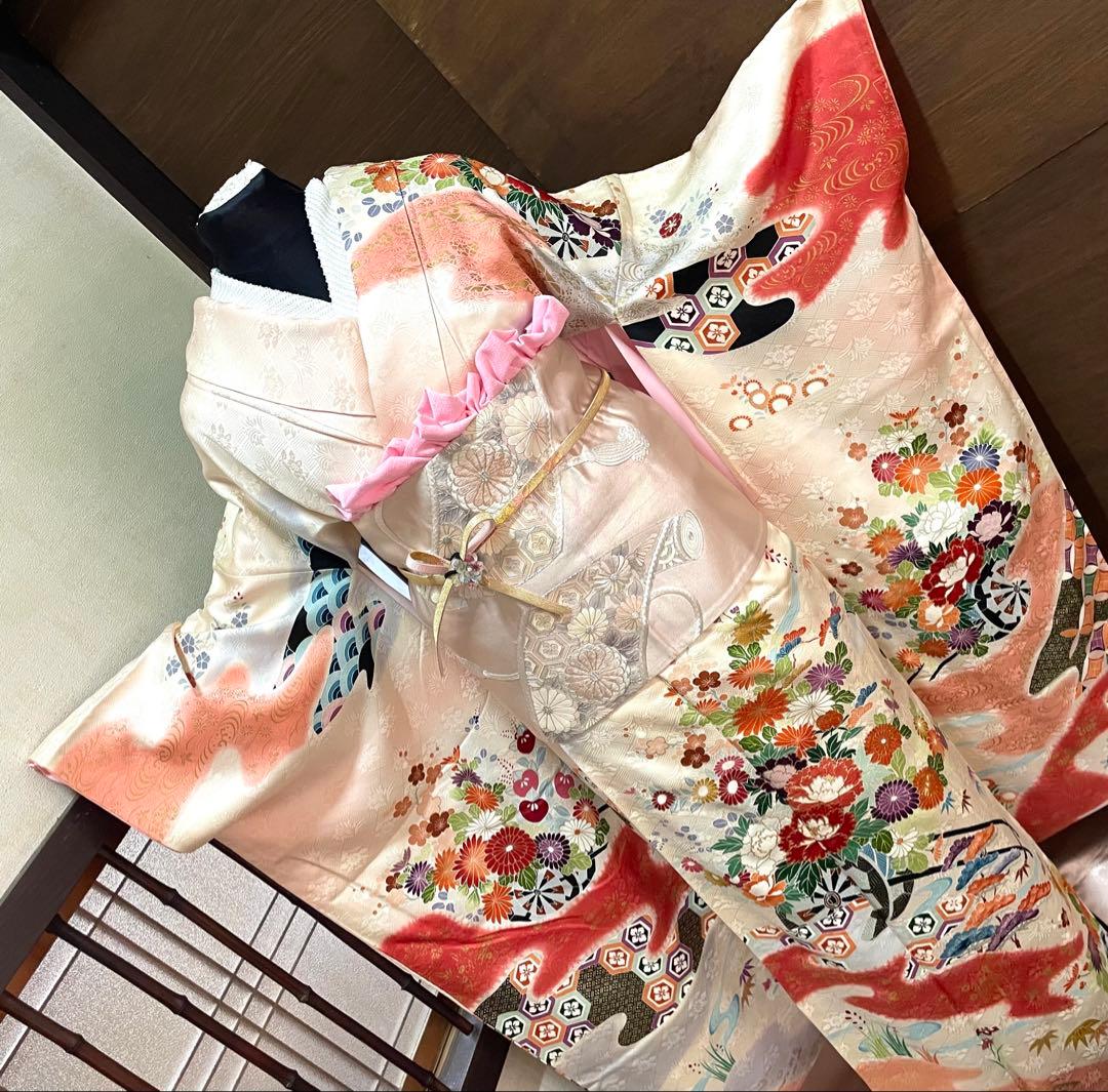 振袖 フルセット6点サイズS〜M 駒刺繍　流水鴛鴦花車文　暈し染め正絹