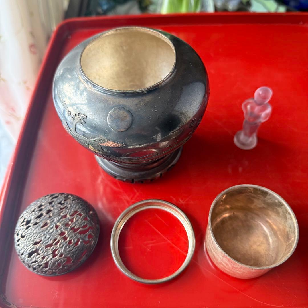 R様へ感謝お嫁入り‼️宝石王愛蔵品純銀金銀象嵌　桐花鳳凰雲竜火屋刻銘純銀香炉1客