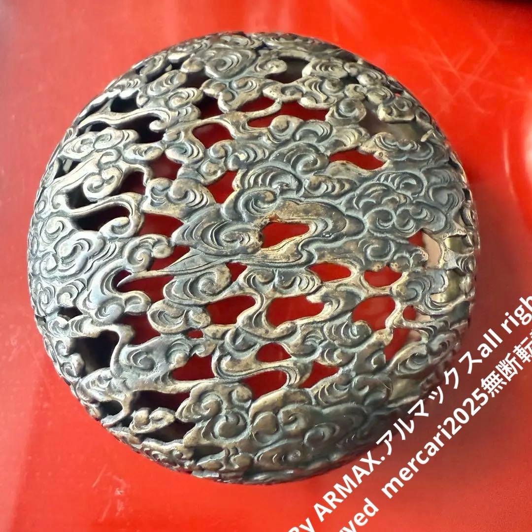 R様へ感謝お嫁入り‼️宝石王愛蔵品純銀金銀象嵌　桐花鳳凰雲竜火屋刻銘純銀香炉1客