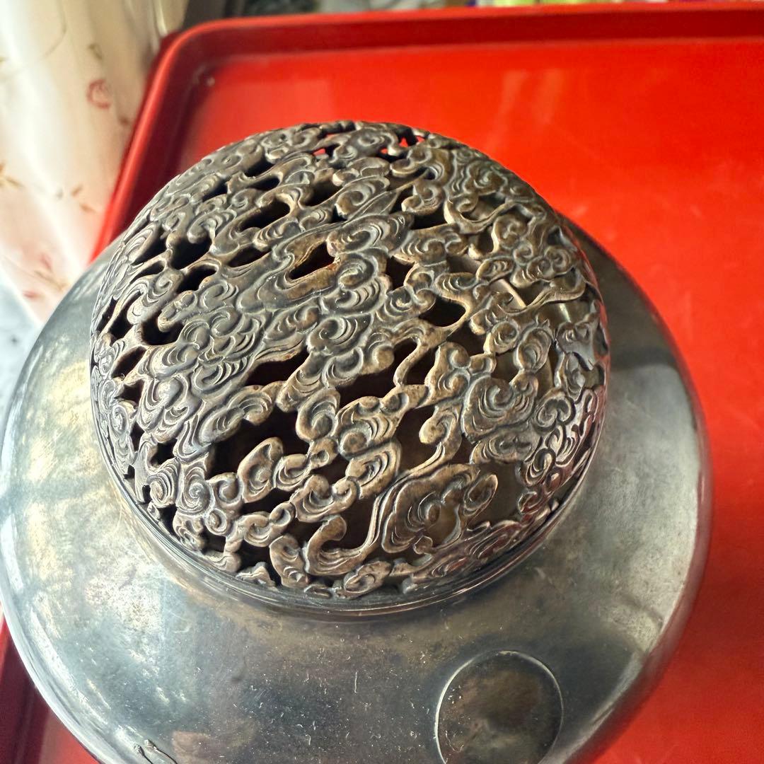 R様へ感謝お嫁入り‼️宝石王愛蔵品純銀金銀象嵌　桐花鳳凰雲竜火屋刻銘純銀香炉1客