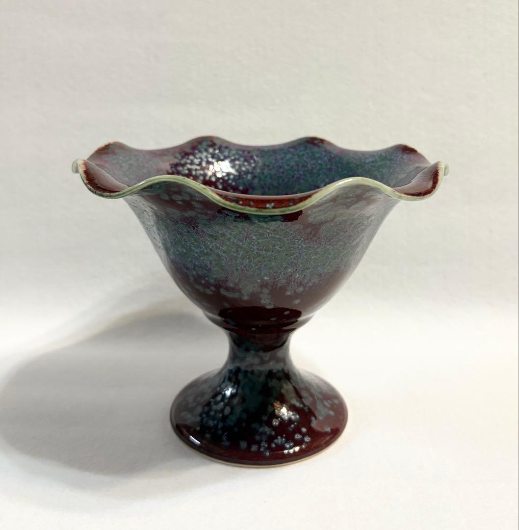 四郎作 有田焼 天目釉 高台菓子器 窯変 結晶釉 曜変調 脚付菓子鉢 茶道具