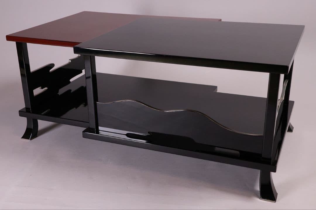 漆芸 二段卓 黒塗 うるみ塗 木製 錫覆輪 54.2cm 花台 古道具【MB58