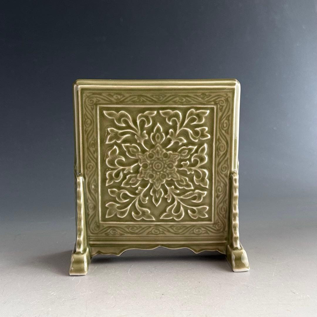 煎茶道具　青磁　龍唐草紋　硯屏　松本石亭　共箱　京焼　文房具　書　陶芸　中国美術