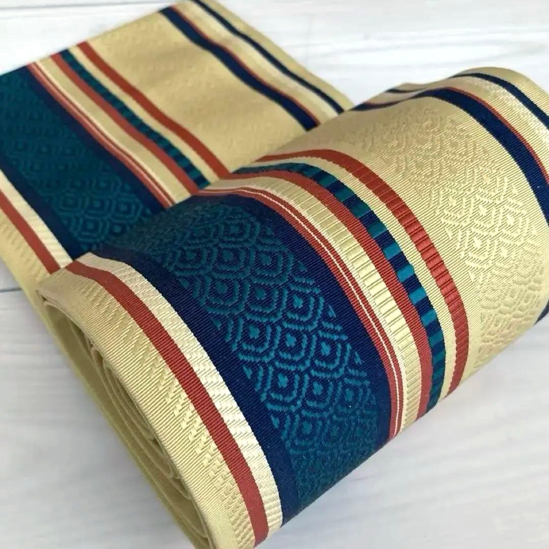 本場筑前博多織　半幅帯　縞模様　織り出し　正絹　タグ付　青海波　No.1-22